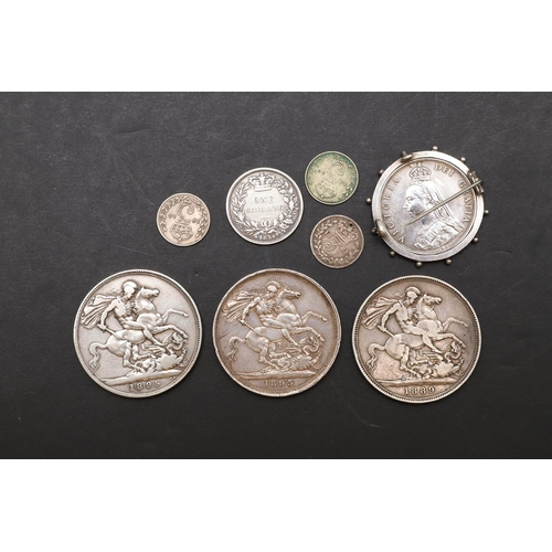 1834 - THREE VICTORIAN CROWNS AND OTHER COINS. Victorian Crown jubilee bust l. Reverse St. George and the D... 