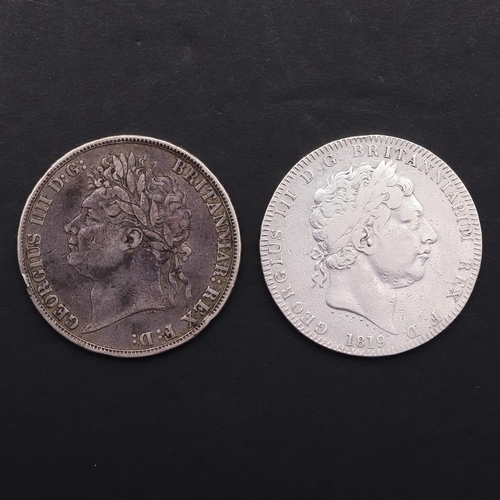 1861 - A GEORGE III CROWN, 1819, AND SIMILAR GEORGE IV CROWN 1821. A George III Crown, laureate bust r. dat... 