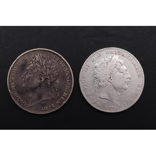 1861 - A GEORGE III CROWN, 1819, AND SIMILAR GEORGE IV CROWN 1821. A George III Crown, laureate bust r. dat... 