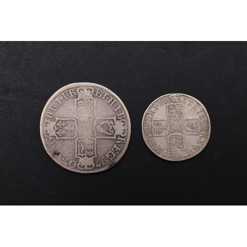 1863 - A QUEEN ANNE HALFCROWN 1707 AND SIMILAR SHILLING 1711. A Queen Anne Halfcrown draped bust l. Reverse... 