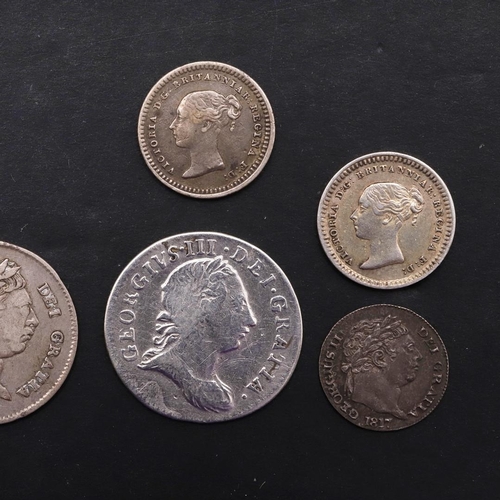 1864 - A COLLECTION OF GEORGE III AND LATER MAUNDY COINS AND OTHER SMALL SILVER. George III fourpence 1820,... 