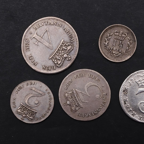 1864 - A COLLECTION OF GEORGE III AND LATER MAUNDY COINS AND OTHER SMALL SILVER. George III fourpence 1820,... 