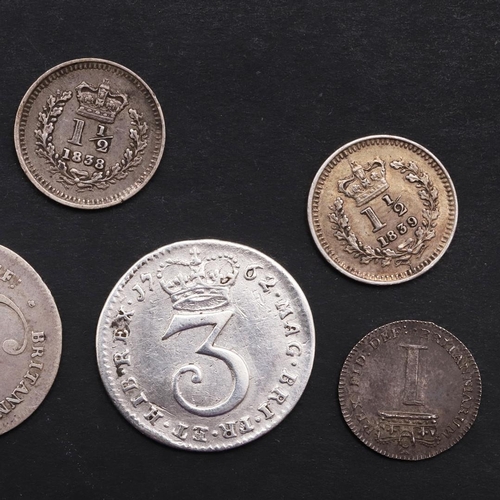 1864 - A COLLECTION OF GEORGE III AND LATER MAUNDY COINS AND OTHER SMALL SILVER. George III fourpence 1820,... 