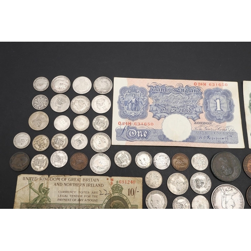 1869 - A VICTORIAN DOUBLE FLORIN, 1889 AND A COLLECTION OF OTHER COINS AND NOTES. A collection of coins inc... 