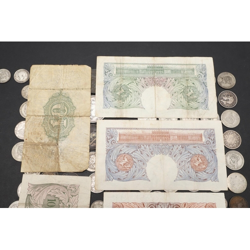 1869 - A VICTORIAN DOUBLE FLORIN, 1889 AND A COLLECTION OF OTHER COINS AND NOTES. A collection of coins inc... 