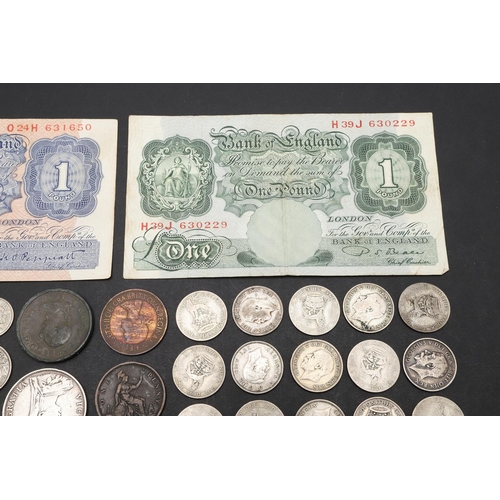 1869 - A VICTORIAN DOUBLE FLORIN, 1889 AND A COLLECTION OF OTHER COINS AND NOTES. A collection of coins inc... 