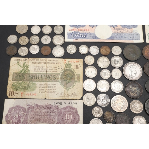 1869 - A VICTORIAN DOUBLE FLORIN, 1889 AND A COLLECTION OF OTHER COINS AND NOTES. A collection of coins inc... 