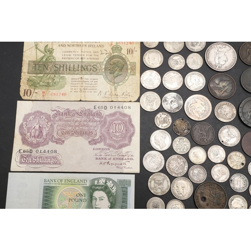 1869 - A VICTORIAN DOUBLE FLORIN, 1889 AND A COLLECTION OF OTHER COINS AND NOTES. A collection of coins inc... 