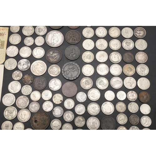 1869 - A VICTORIAN DOUBLE FLORIN, 1889 AND A COLLECTION OF OTHER COINS AND NOTES. A collection of coins inc... 