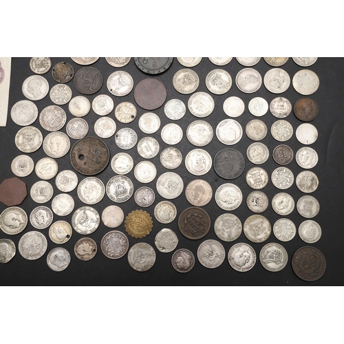 1869 - A VICTORIAN DOUBLE FLORIN, 1889 AND A COLLECTION OF OTHER COINS AND NOTES. A collection of coins inc... 