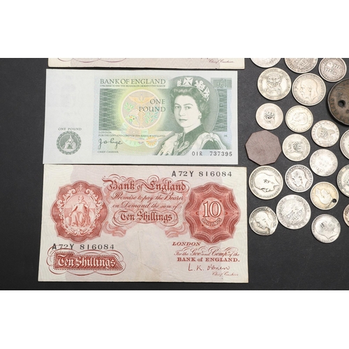 1869 - A VICTORIAN DOUBLE FLORIN, 1889 AND A COLLECTION OF OTHER COINS AND NOTES. A collection of coins inc... 