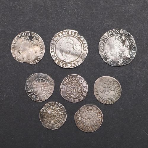 1876 - A COLLECTION OF HAMMERED COINS TO INCLUDE A CHARLES I SIXPENCE AND OTHERS. A collection of eight ear... 