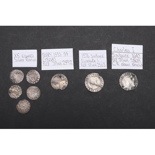 1876 - A COLLECTION OF HAMMERED COINS TO INCLUDE A CHARLES I SIXPENCE AND OTHERS. A collection of eight ear... 