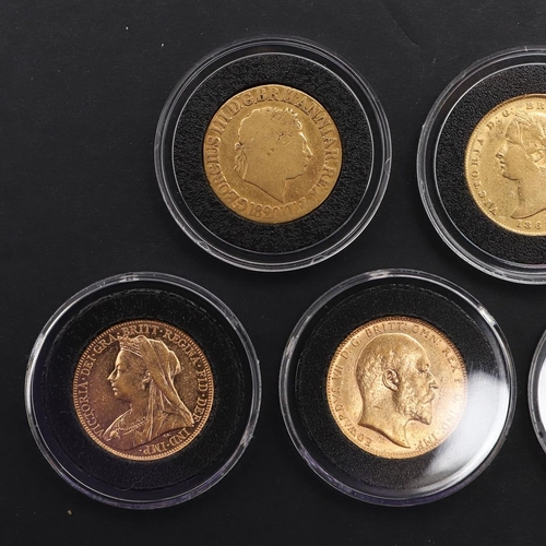 1893 - A COLLECTION OF SEVEN SOVEREIGNS 'FIRST GOLD SOVEREIGNS OF EACH SOVEREIGN MINT', 1820 AND LATER. A c... 