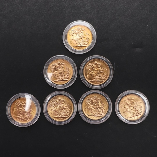 1949 - A COLLECTION OF SEVEN GEORGE V SOVEREIGNS, THE LAST CIRCULATING SOVEREIGN FROM EACH MINT. 1911 AND L... 