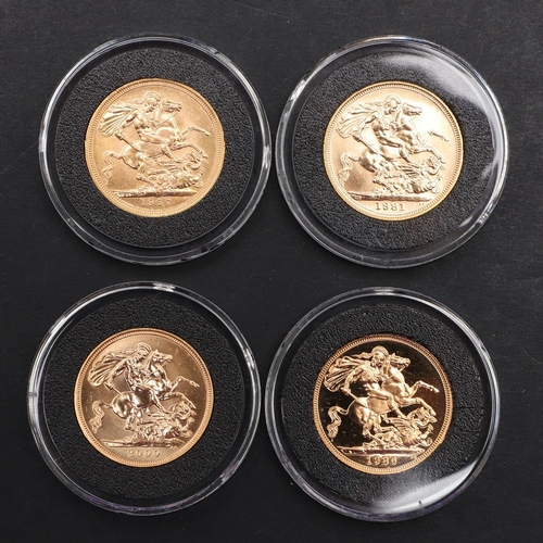 1981 - AN ELIZABETH II FOUR PORTRAITS SOVEREIGN COLLECTION, 1957 AND LATER. A four coin collection comprisi... 