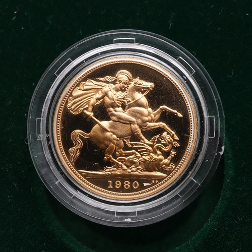 2017 - AN ELIZABETH II PROOF SOVEREIGN, 1980. An Elizabeth II Proof Sovereign, crowned bust r. Reverse St G... 