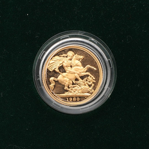 2018 - AN ELIZABETH II PROOF SOVEREIGN, 1980. An Elizabeth II Proof Sovereign, crowned bust r. Reverse St G... 