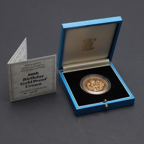 2023 - A QUEEN ELIZABETH THE QUEEN MOTHER 90TH BIRTHDAY GOLD PROOF CROWN, 1990. A Royal Mint Gold Crown for... 