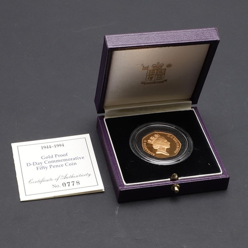 2024 - A ROYAL MINT D-DAY COMMEMORATIVE 50P GOLD PROOF COIN, 1994. A Royal Mint Gold proof 50p coin commemo... 