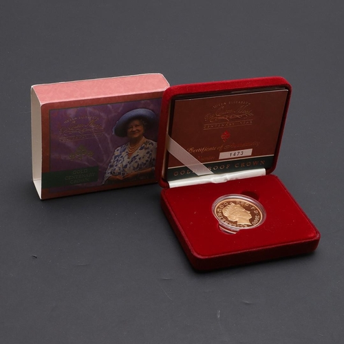 2029 - A QUEEN ELIZABETH THE QUEEN MOTHER CENTENARY YEAR GOLD PROOF CROWN, 2000. A Royal Mint Gold Crown fo... 