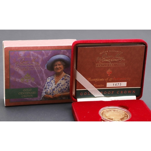 2029 - A QUEEN ELIZABETH THE QUEEN MOTHER CENTENARY YEAR GOLD PROOF CROWN, 2000. A Royal Mint Gold Crown fo... 