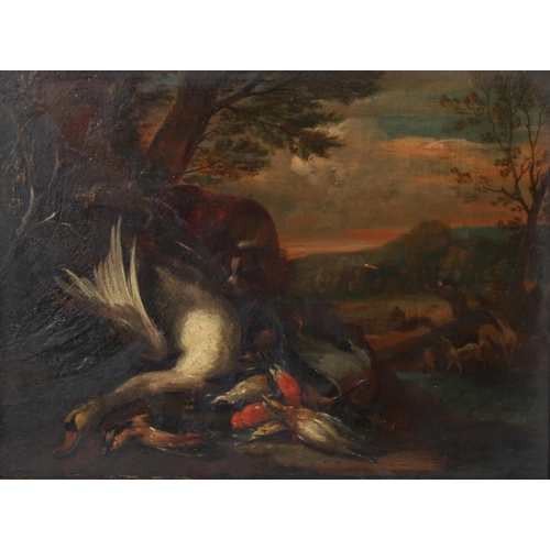 304 - ADRIAEN DE GRYEF (C.1670-1715). HUNTING SCENES: A SPANIEL GUARDING A SWAN, MALLARD AND SONGBIRDS, A ... 