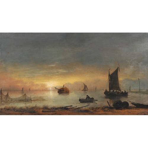 305 - AERT VAN DER NEER (1603-1677). SHIPPING IN AN ESTUARY AT SUNSET. Signed with monogram, oil on cradle... 