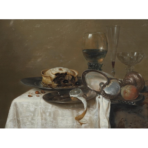 306 - WILLEM CLAESZ. HEDA (1594-1680). Attributed to. STILL LIFE WITH GLASSWARE, A PIE ON A PEWTER DISH, A... 