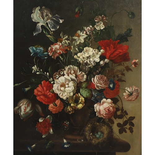 309 - JAN VAN HUYSUM (1682-1749). In the manner of. STILL LIFE OF MIXED FLOWERS IN A BOWL UPON A LEDGE, WI... 