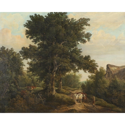 319 - GEORGE BARRET JUNIOR (1767-1842). His circle. COUNTRY SCENE WITH FIGURES AND CATTLE BY A TRACK. Oil ... 