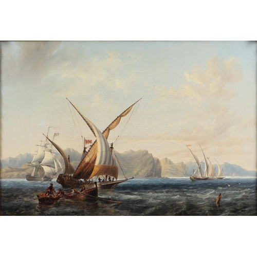 322 - JOHN WILSON CARMICHAEL (1800-1862). SPANISH XEBECS AND FISHERMEN WITH A BRITISH FRIGATE OFF A MOUNTA... 