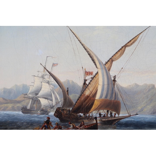 322 - JOHN WILSON CARMICHAEL (1800-1862). SPANISH XEBECS AND FISHERMEN WITH A BRITISH FRIGATE OFF A MOUNTA... 