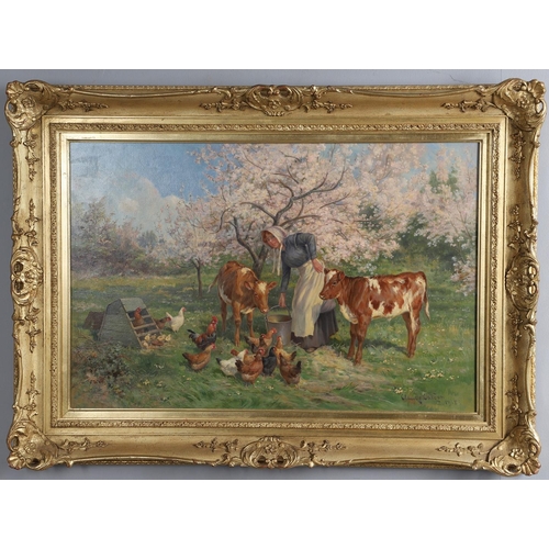 323 - CLAUDE CARDON (1864-1937). FEEDING TIME IN THE ORCHARD. Signed and dated 1918, oil on canvas 49 x 74... 