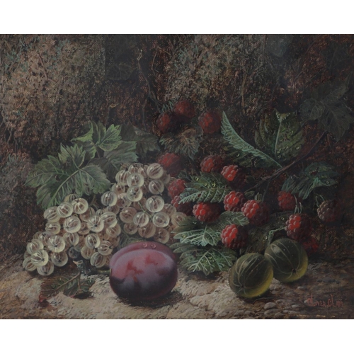 327 - OLIVER CLARE (1852-1927). PLUMS, GRAPES AND A STRAWBERRY; RASPBERRIES, GOOSEBERRIES AND A PLUM. A pa... 