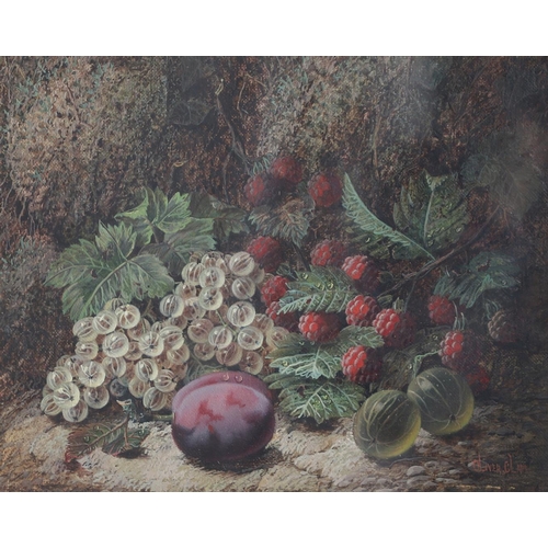 327 - OLIVER CLARE (1852-1927). PLUMS, GRAPES AND A STRAWBERRY; RASPBERRIES, GOOSEBERRIES AND A PLUM. A pa... 