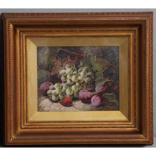 327 - OLIVER CLARE (1852-1927). PLUMS, GRAPES AND A STRAWBERRY; RASPBERRIES, GOOSEBERRIES AND A PLUM. A pa... 