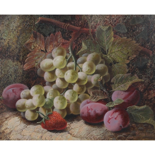 327 - OLIVER CLARE (1852-1927). PLUMS, GRAPES AND A STRAWBERRY; RASPBERRIES, GOOSEBERRIES AND A PLUM. A pa... 