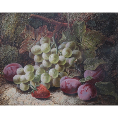 327 - OLIVER CLARE (1852-1927). PLUMS, GRAPES AND A STRAWBERRY; RASPBERRIES, GOOSEBERRIES AND A PLUM. A pa... 