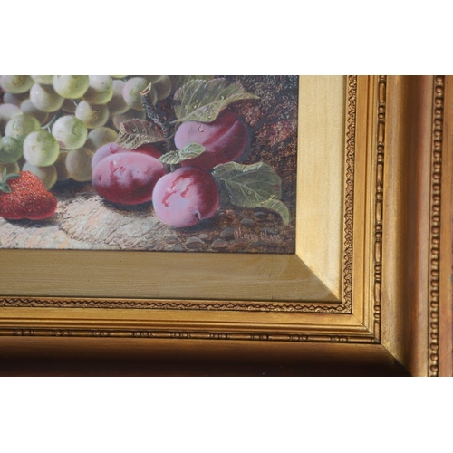 327 - OLIVER CLARE (1852-1927). PLUMS, GRAPES AND A STRAWBERRY; RASPBERRIES, GOOSEBERRIES AND A PLUM. A pa... 