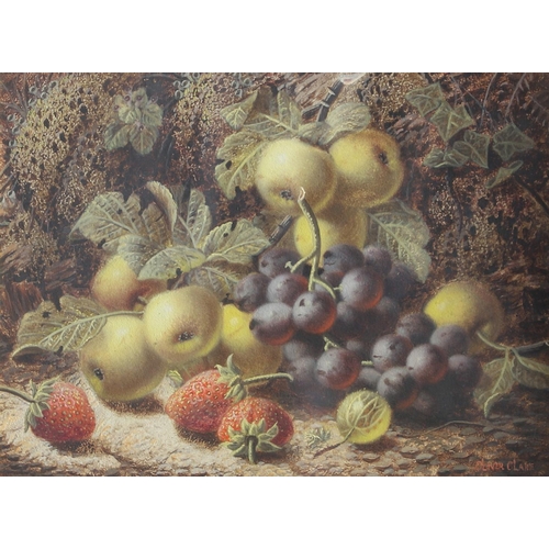 328 - OLIVER CLARE (1852-1927). APPLES, GRAPES, STRAWBERRIES AND GOOSEBERRIES; A PEAR, PLUMS, GREENGAGES A... 