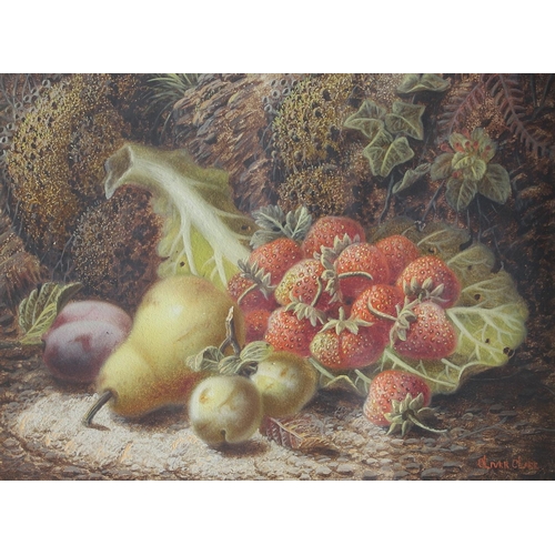 328 - OLIVER CLARE (1852-1927). APPLES, GRAPES, STRAWBERRIES AND GOOSEBERRIES; A PEAR, PLUMS, GREENGAGES A... 