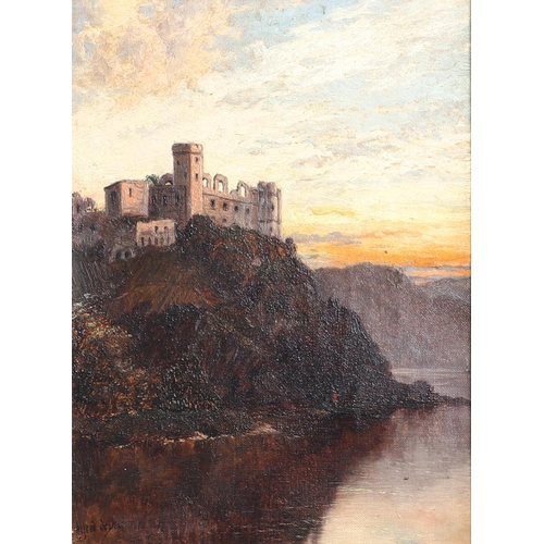 331 - ALFRED DE BREANSKI (1852-1928). SUNSET AT WOLF'S CRAG, OBAN. Signed, oil on canvas 29.5 x 21.7cm.