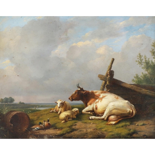 343 - EUGENE JOSEPH VERBOECKHOVEN (1798-1881). A COW RESTING, WITH SHEEP AND DUCKS, BY A STREAM. Signed, o... 