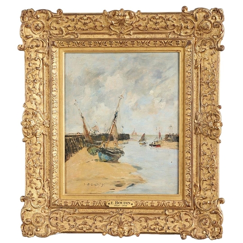 347 - EUGENE BOUDIN (1824-1898). MARINE, TROUVILLE, LES JETEES, MAREE BASSE. Signed and dated 95, oil on p... 