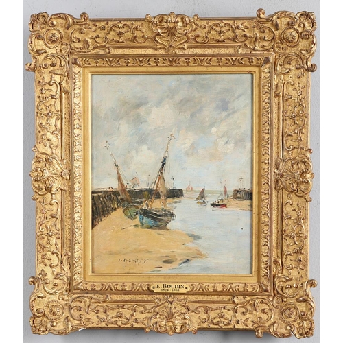 347 - EUGENE BOUDIN (1824-1898). MARINE, TROUVILLE, LES JETEES, MAREE BASSE. Signed and dated 95, oil on p... 