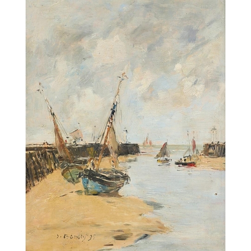 347 - EUGENE BOUDIN (1824-1898). MARINE, TROUVILLE, LES JETEES, MAREE BASSE. Signed and dated 95, oil on p... 