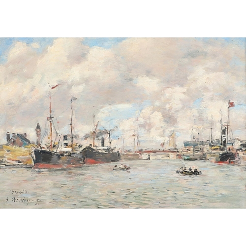 348 - EUGENE BOUDIN (1824-1898). DEAUVILLE, LE BASSIN ET LE QUAI AU BOIS. Signed, inscribed `Deauville ` a... 