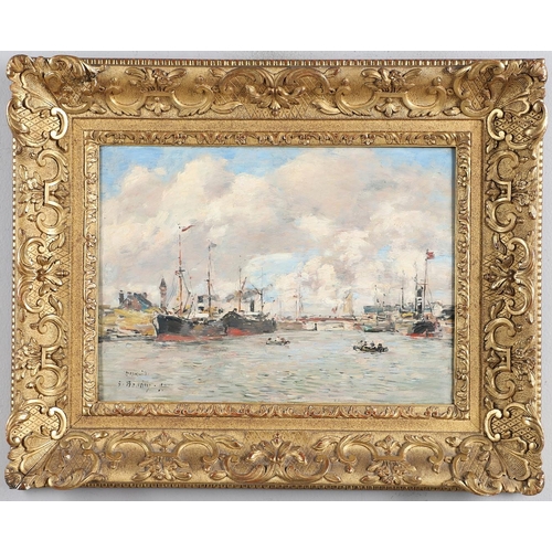 348 - EUGENE BOUDIN (1824-1898). DEAUVILLE, LE BASSIN ET LE QUAI AU BOIS. Signed, inscribed `Deauville ` a... 