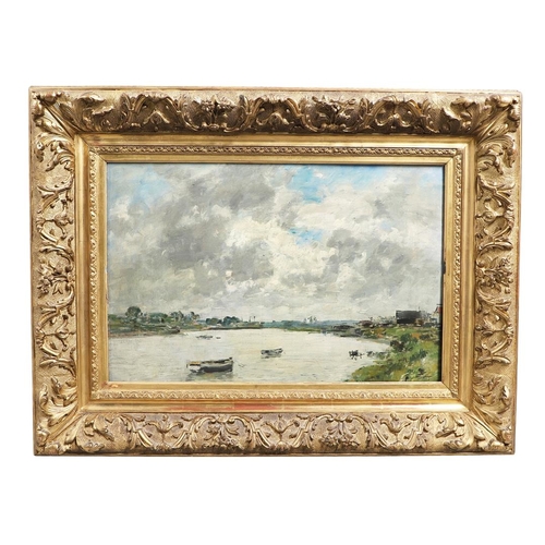 349 - EUGENE BOUDIN (1824-1898). LES BORDS DE LA TOUQUE, CIEL NUAGEUX. Oil on canvas 35 x 54cm.   Provenan... 